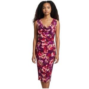 Lauren Ralph Lauren Dress Ruched Midi Pink Purple Floral Cowl Drape Neck
